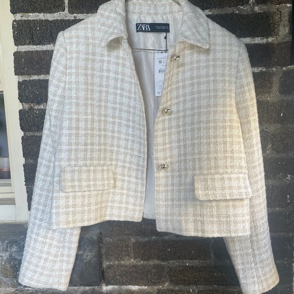 NWT Zara Cropped Checkered Blazer Medium - Gold Button Detail - Picture 4 of 6